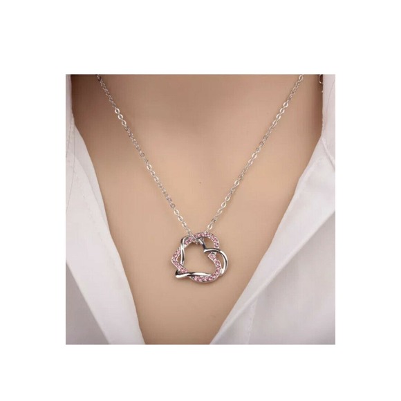 Imitation Yellow Gold BLUE TOPAZ Rhinestone Double Heart Pendant Necklace - Picture 3 of 6